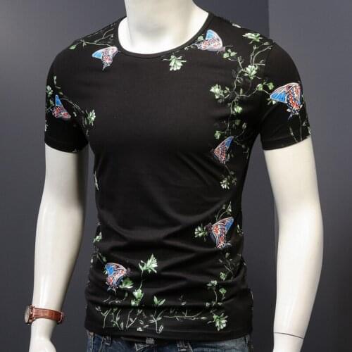 Men Floral Butterfly Printed Black T Shirt Mens Fashion Cotton Stretch Slim Fit T-Shirts Summer O-Neck Short Sleeve Tshirt S-4XL