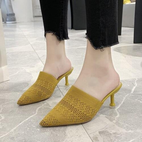 Mules shoes woman pointed toe knitting cutout slippers thin high heels stretch fabric lazy shoes female breathable slides 2020