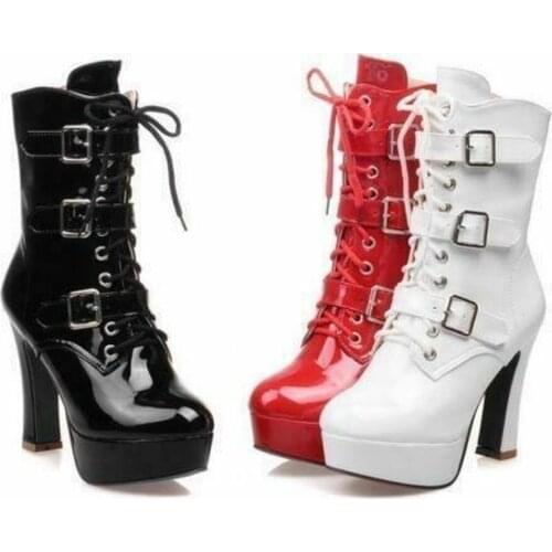 NEW Women Mid Calf Boots Buckle High Heels Platform Zipper Patent Leather Shoes Plus Size New