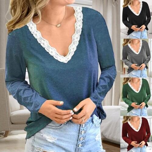 Pure Color Long Sleeve Women Tshirts Lace Patchwork V-neck T shirt for Women Loose Tees Top T-shirt Pullovers femme t-shirts