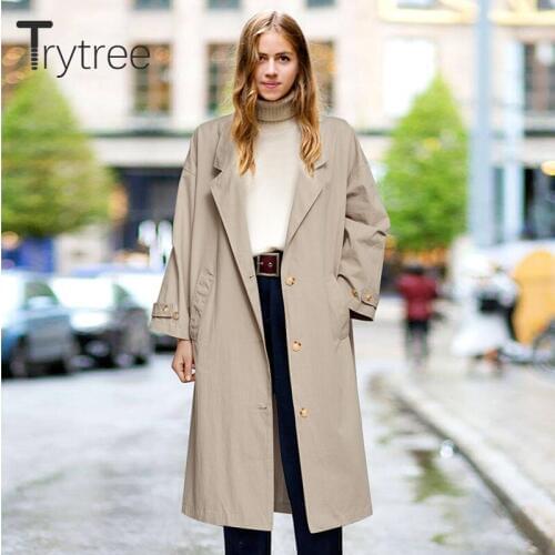 Trytree Autumn Women Casual Windbreakers Turn-down Collar Polyester Single Breasted Loose Trench Office Lady Solid Long Coats