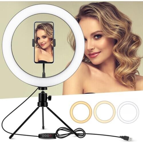 Photography LED Selfie Ring Light 26CM Dimmable Camera Phone Ring Lamp 10inch With Table Tripods For Makeup Video Live Studio
