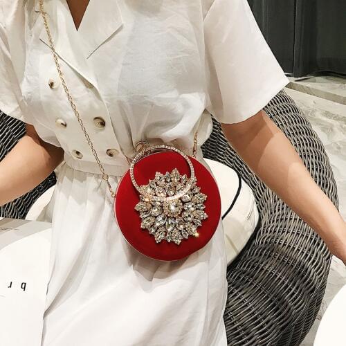 Luxury Design Diamond Flowers Round Evening Bag Red Black Velour Clutch Purse Wedding Bride Party Hand Bag Chain Shoulder Purse