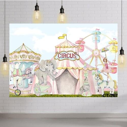 Pink Circus Photo Backdrop Background Carnival Carousel Big Top Tent Baby Shower Girl Boy First 1st Birthday Party Fabric Cloth