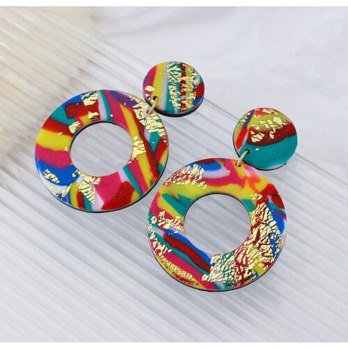 Lifefontier Bohemia Rainbow Color Gold Foil Clay Drop Earrings For Women Boho Polymer Clay Dangle Earrings Holiday Jewelry Gifts