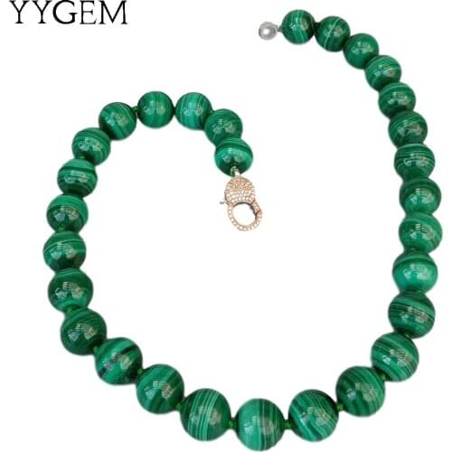 YYGEM Natural AAA Grade 14mm Green Malachite Round Smooth Gemstone Necklace 46Cm