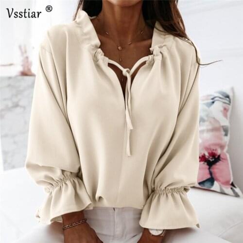 2020 Elegant Blouse Women Sexy V Neck Casual Streetwear Plus Size Shirt Fashion Lace Up Flare Sleeve Solid Blouses