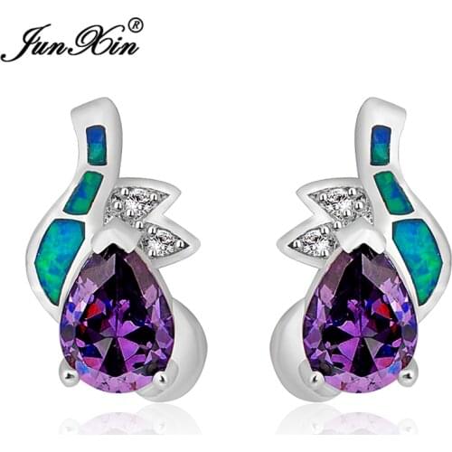Women Stud Earrings Opal Stone Silver Color Filled Purple Zircon Earring brinco pendientes Promotion Ear0544