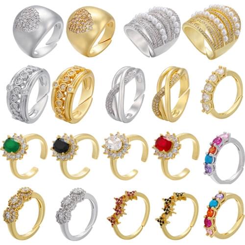 Women Ring Lady Finger Wedding Engagement Adjustable Pearl Flower Star Cross Layered Gold Color Rainbow Open Cuff Big Chunky