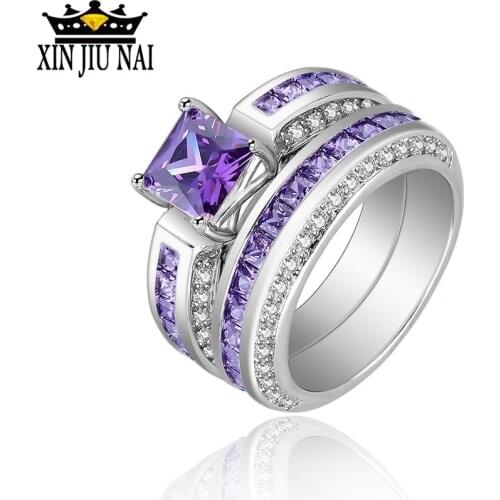 Hot Sale 2 Pieces/Set Natural Purple Rhinestone Ring Fine Jewelry For Women Rhinestone color zircon ladies ring silver 925 jade