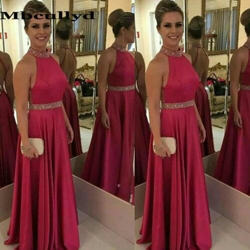 Mbcullyd Amazing Beading A-line Red Evening Dresses Formal Halter Neck Long Prom Party Gowns 2020 Modest Satin Robe De Soiree