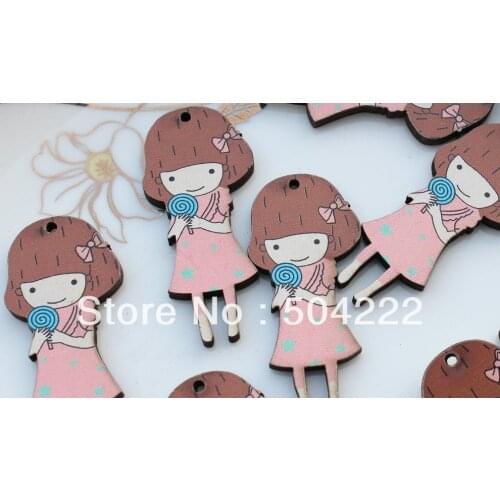 200pcs little girl wooden Cabochons Beads Pendants with holes 38mm for diy jewelry ,scrapbook,bags,crafts