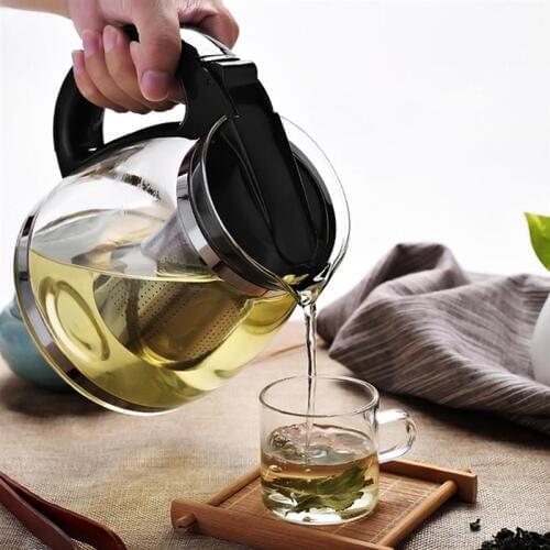 2000ml Household Tea Glass Teapot Stainless Steel Filter Handle Heat Resistant Glass Teapot(Black)