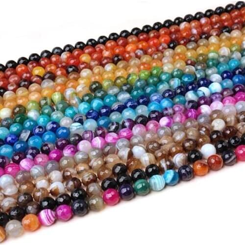 4-16mm Natural Round Faceted Mixed Color Banded Agates Lace Stripe Onyx Beads For Jewelry Making Beads 15'' Needlework DIY Beads