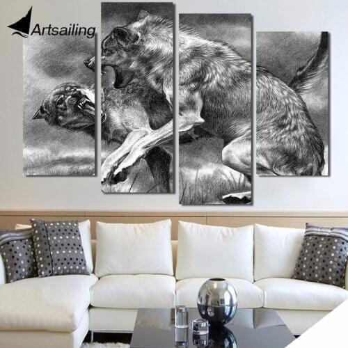 4 piece canvas painting wolves fight and bite HD posters and prints canvas painting for living room free shipping XA-1905A