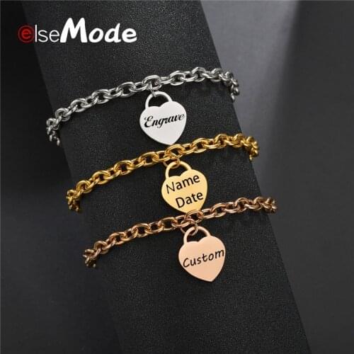 ELSEMODE Custom Initial Heart Photo Name Bracelet Stainless Steel Personalize Engrave Bangle For Women Lover Jewelry Gift