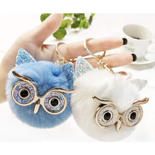 New Fashion Charm Fluffy Pompom Key Chain Animal Glasses Fox Owl Ear Bag Car Pendant Ball Keychain Handbag Key Chains Accesories