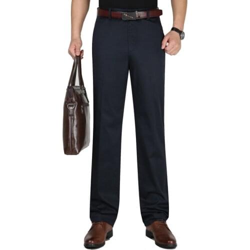 Spring Autumn Thin Elastic Solid Men Trousers Middle-aged Mens Business Casual Pants Quality Ice Silk Cotton Dress Trousers