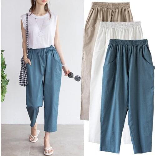 Cotton Pants Women Spring Summer Large Size Solid Color Harem Pants Elastic Waist Loose Casual Womans Trousers