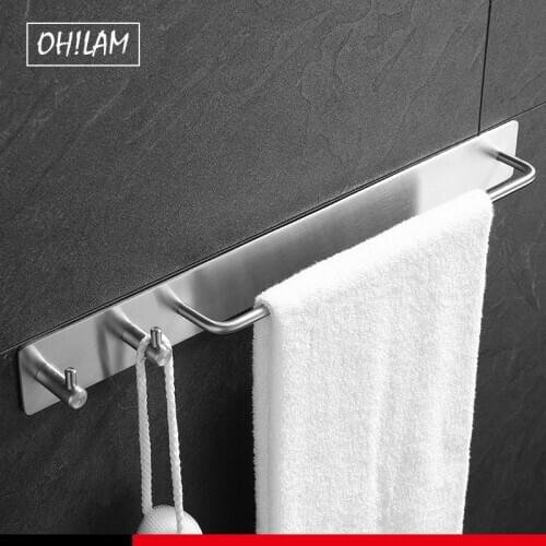 Brushed Nickel Towel Bar Holder Hook Hanger No Drill Self Adhesive Hand Towel Bar Holder Modern Bathroom Kitchen 304 Stainless
