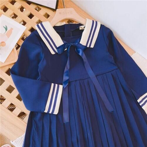2020 new kids Navy Bowknot School Dress for 3 4 5 6 7 Toddler girls A-line college long-sleeved dress Childrens clothes