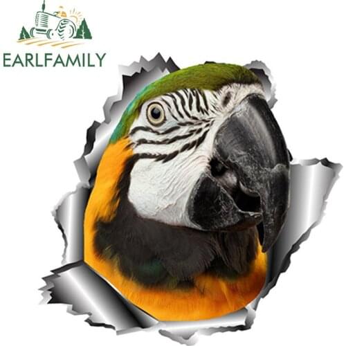 EARLFAMILY 13cm x 12.5cm 3D Parrot Car Sticker Torn Metal Car Window Bumper Decal Animal Stickers Full Color Decals Reflective