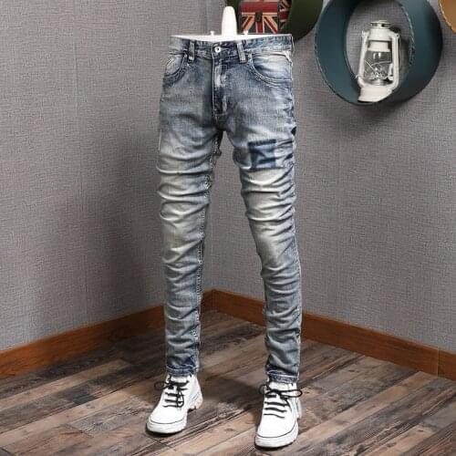 European Vintage Fashion Men Jeans Retro Blue Elastic Slim Fit Ripped Jeans Men Distressed Designer Casual Cotton Denim Pants