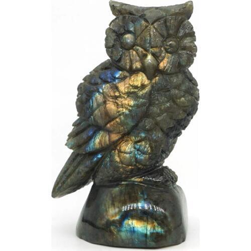 Owl Figurine Natural Gemstone Larbradorite Hand Carved Animal Statue Decor 4.48"