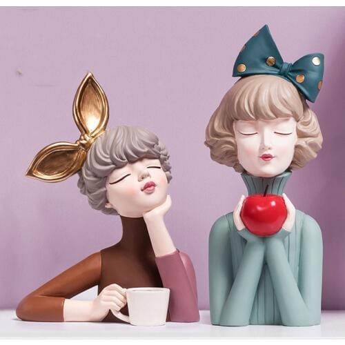 Nordic Cute Bowknot Modern Girl Resin Figurines Decoration Home Furnishing Room Table Statues Office Plates Crafts Wedding Gifts