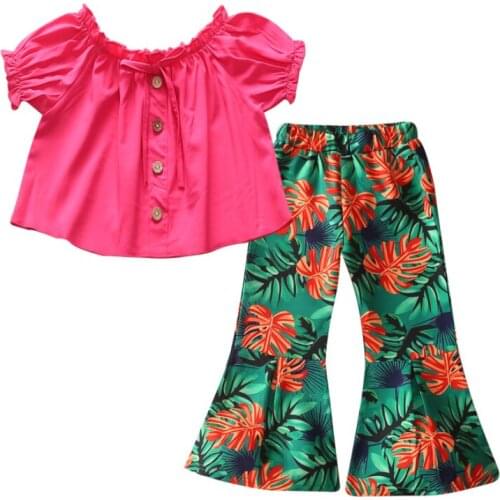 Kids Baby Girls Fashion 2-piece Outfit Set Loose Solid Color Tops+Print Flared Pants Set for Children Girls Summer 2021