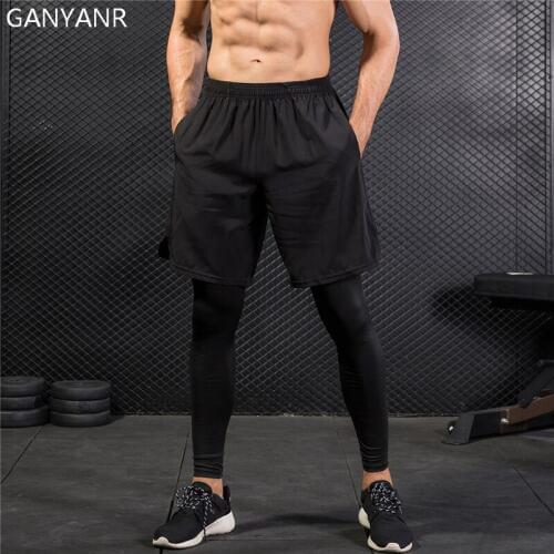 GANYANR Running Tights Men Yoga Basketball Compression Pants Athletic Leggings Sport Skins Training quick dry 2 in 1 Gym Fitness