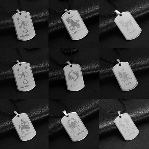 Men Lucky Twelve Constellations Pendant Horoscope Stainless Steel Tag Necklace Rope Chain Fashion Unisex Jewelry Accessories