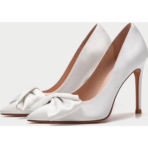 Spring new stiletto high-heeled pointed toe size bow silk wedding shoes low-heel banquet dress all-match womens single shoes