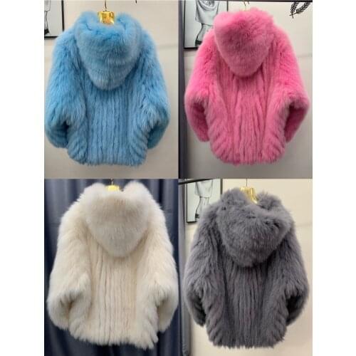 2021 Winter new fox knitting fur coats hooded bat sleeve loose outwear