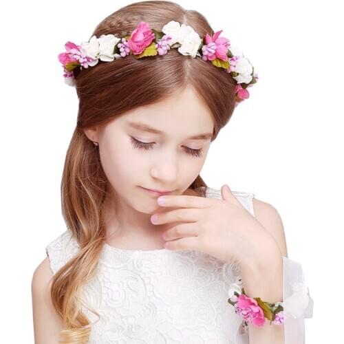Flower Hairbands Wristband 2pcs/set Kids Girls Accessories for Wedding Birthday Party Children Performance Photography Props
