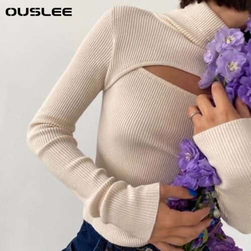 OUSLEE Turtleneck T-shirts Women Hollow Out Casual Long Sleeves Female Tops New Spring Autumn Ribbed Knitted Skinny Slim Tee Top