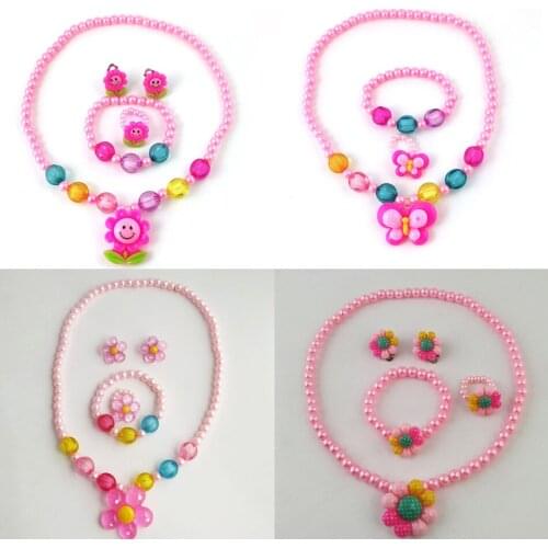 1 Set Cute Kids Flower Simulated Pearl Necklace Bracelet Earrings Elastic Girls Fashion Princess Pink Kawaii Children Jewelry