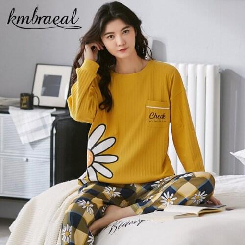Pajamas for Women Cotton Korea Autumn Long-Sleeved Trousers 2 Piece Homewear Little Daisy Comfortable Sleepwear Plus Size M-3xl