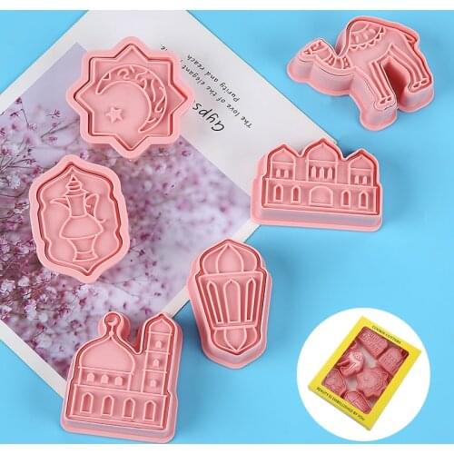 6pcs Small Mosques Camel Moon Star Cookie Cutter Plastic EID Mubarak Camel Theme Biscuit Cutter Stamp DIY Baking Tool