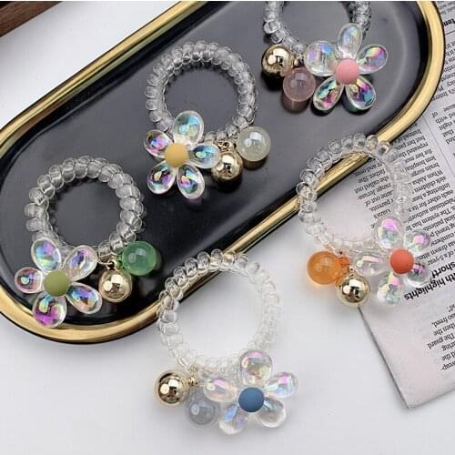 Clear Crystal Flower Hair Accessories Telephone Line Hair Band Novelty Shinny Acrylic Floral Petal Elastic Hair Ties Wholesale
