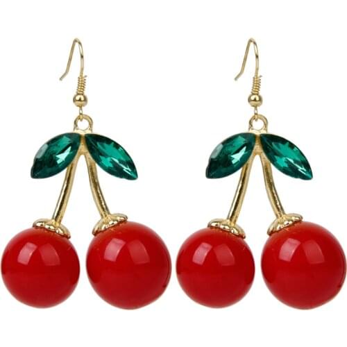 Rockabilly Red Cherry Diamante Crystal Drop Dangle Chandelier Hook Earring Studs