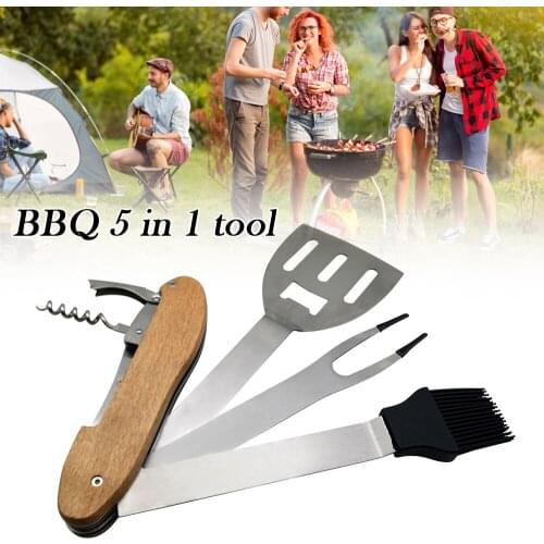 5 in 1 Foldable BBQ Tools Portable Multifunction Outdoor Camping BBQ Tools Used as Barbecue Tongs Knifes Spatula Fork
