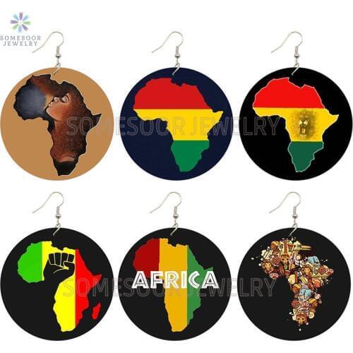SOMESOOR United Africa Colors Map Wooden Drop Earrings Tribal Animal Lions King Black Culture Arts Printed For Women Gifts 6Pair