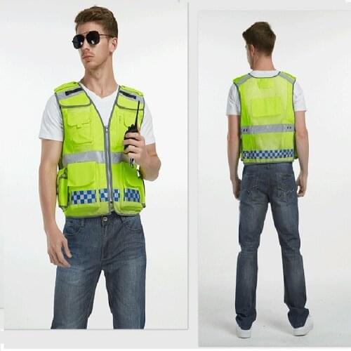Hi vis Reflective vest zipper mesh vest traffic warning clothing functional multi pocket building sanitation road safe vest tops