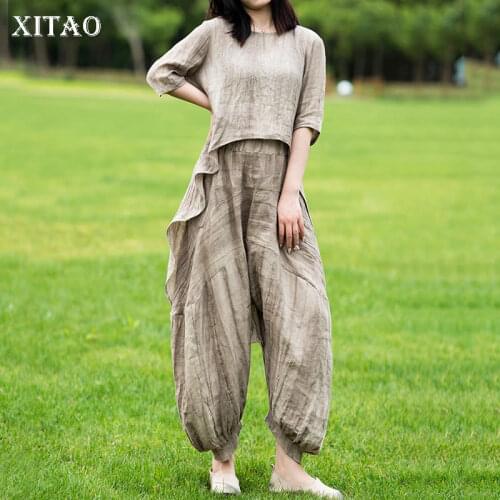 XITAO Solid Color Vintage Women Pant Sets Large Size Loose Art Irregular Behind Slit Summer New Fashion Simplicity WMD1583