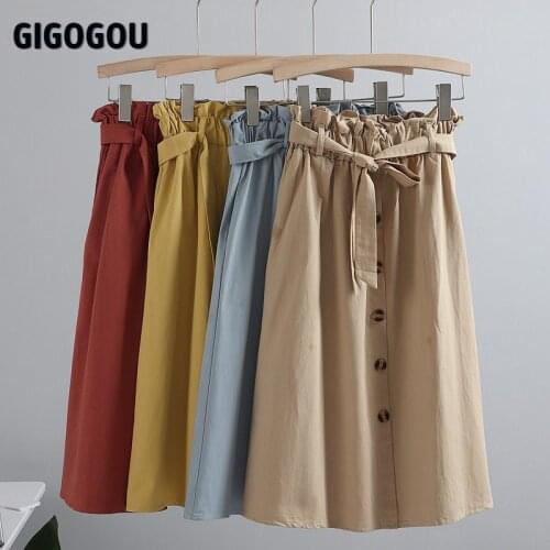 GIGOGOU High Waist WomenA Line Skirt Single Breasted Pocket Spring Summer Midi Skirts High Street Tutu Tullle Skirts With Belt