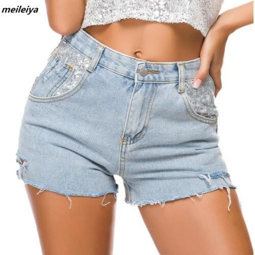 Meileiya Womens Denim Shorts Classic Vintage High Waist Blue Wide Leg Female Caual Summer Ladies sequin shorts Jeans For Women