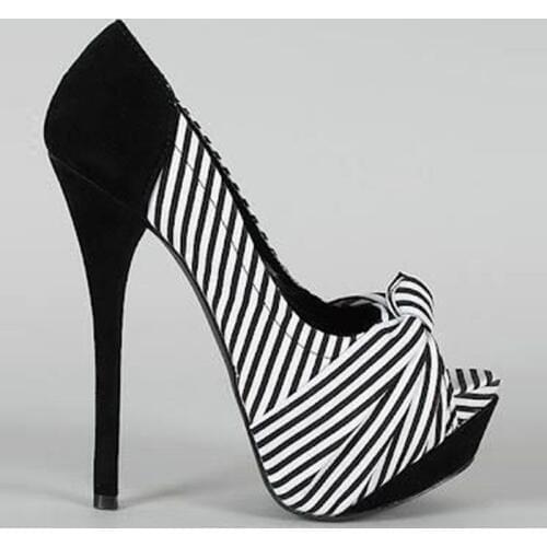 Ladies Front Striped Knot Peep Toe Pumps Women Platform Patchwork Fashion Wedding High Heels Bowtie Pumps Shoes
