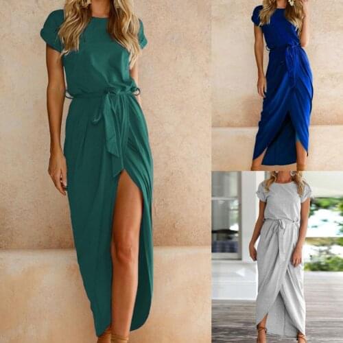 Short Sleeve Women Dress Solid Color All Match Irregular Hem Front Split Maxi Dress Sundress Loose Short Sleeve Ladies Midi Dres