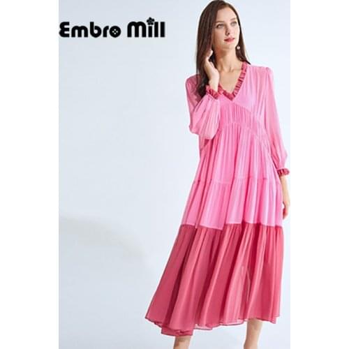 Summer New Silk Elegant Dress Female Stitching Contrast Color V-Neck Wrist Sleeve High-End Loose Long Lady Dress S-L
